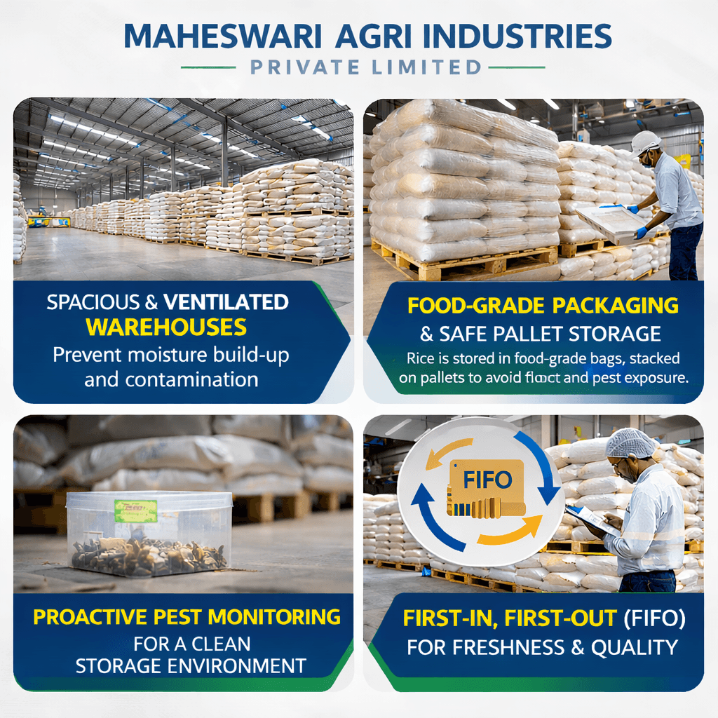 Rice storage warehouse at MAHESWARI AGRI INDUSTRIES